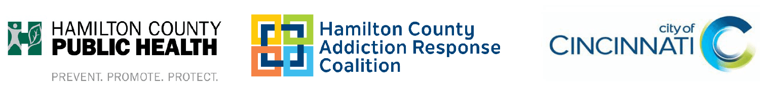 From left to right, the logos of the following agencies are displayed: Hamilton County Public Health, Hamilton County Addiction Response Coalition and the City of Cincinnati